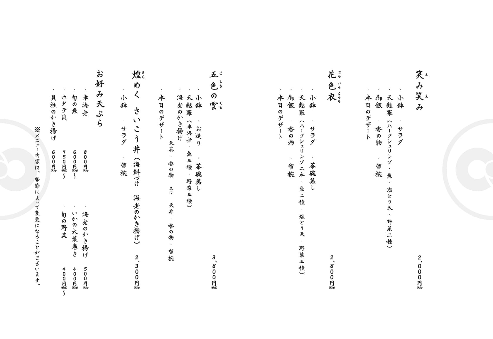 昼の部のメニュー表